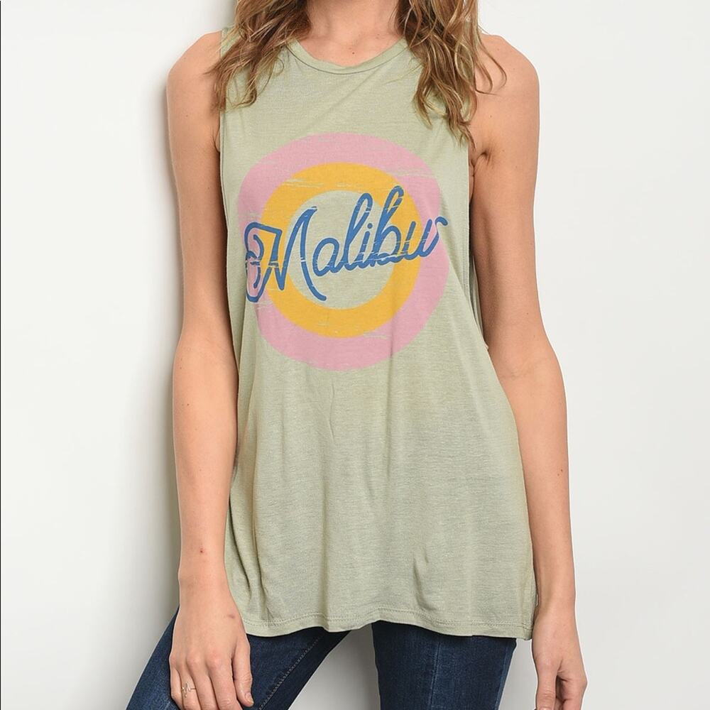 Malibu Graphic Top Green Muscle Tank Top Size S